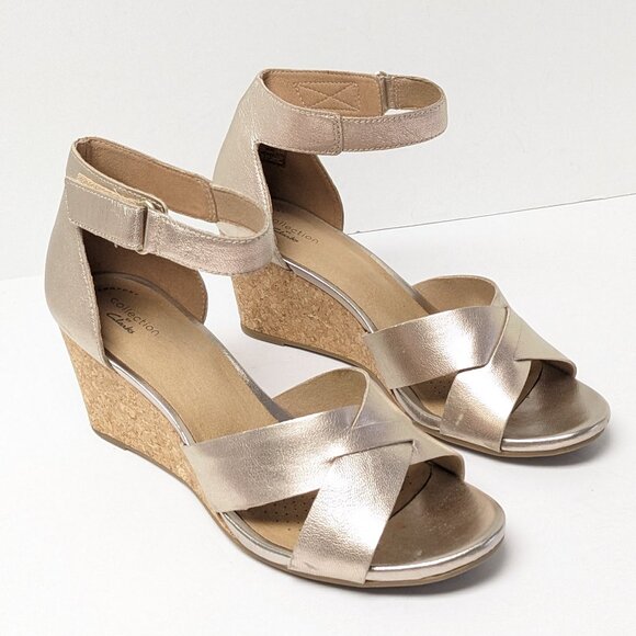 Elegant Women's Wedge Sandals - Metallic Gold - Picture 1 of 8